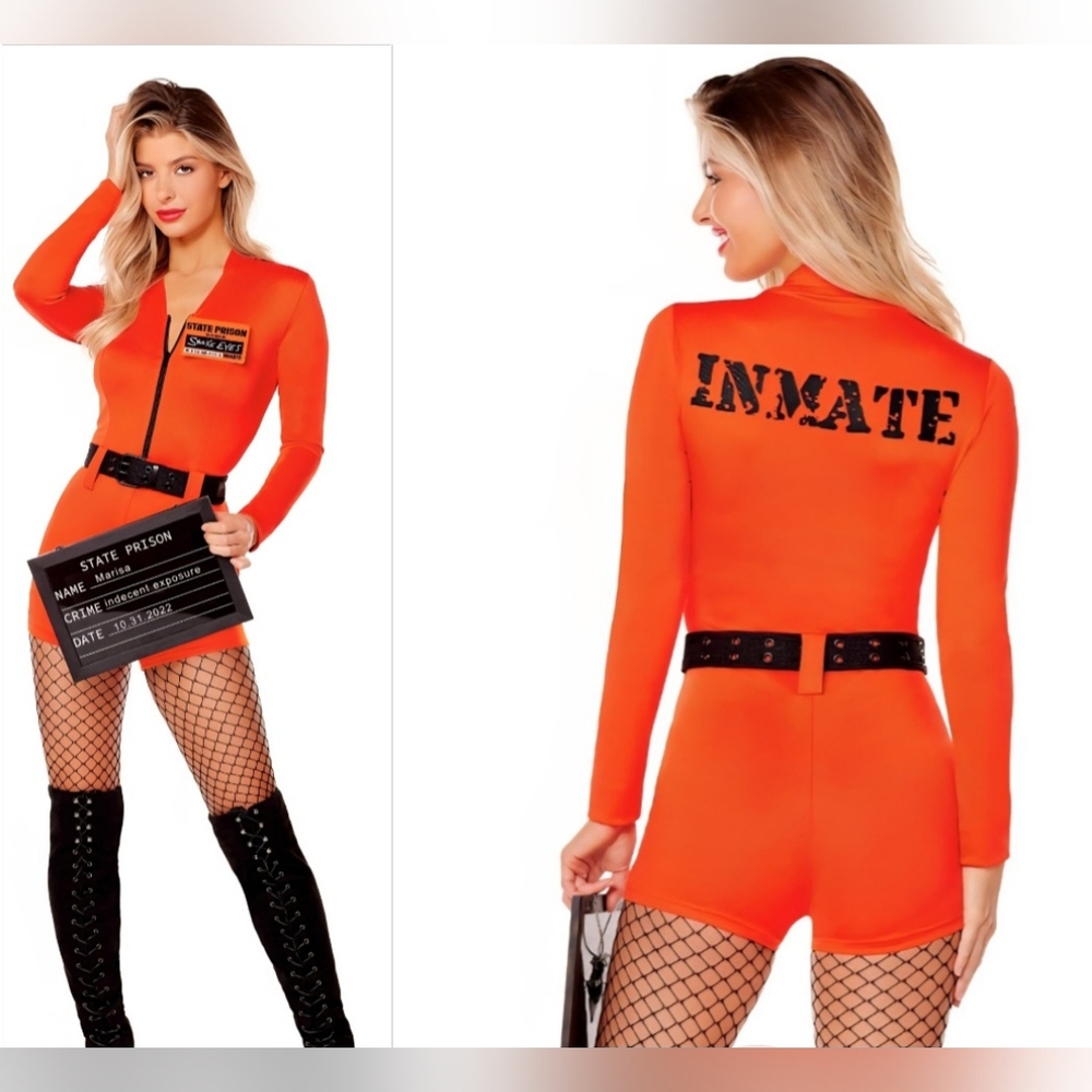 Women's Adult Sexy Convict Prisoner Jail Costume W/ Extras Handcuff Choker Small